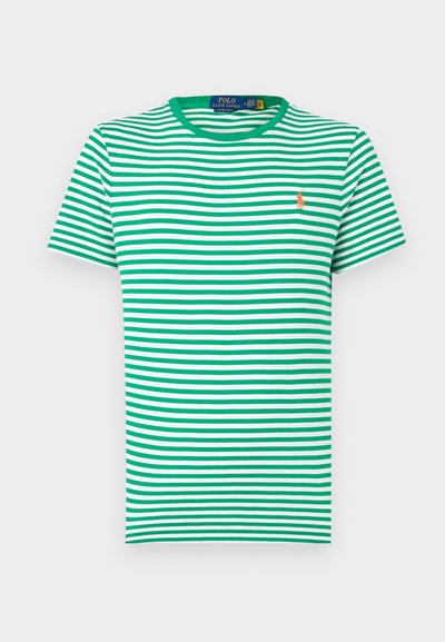 Πράσινο και λευκό ριγέ κοντομάνικο πουκάμισο με στρογγυλή λαιμόκοψη και μικρό κεντημένο πορτοκαλί λογότυπο στο αριστερό στήθος.