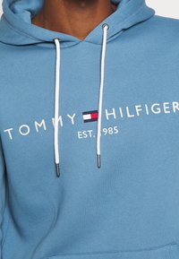 Lichtblauwe hoodie met witte trekkoordjes, voorzien van de tekst "TOMMY HILFIGER EST. 1985" en een klein rood-wit-blauw logo op de borst.