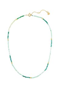 Krelles kaklarota ar gludām apaļām tirkīza un zaļām akmeņiem, pārnēsātiem ar maziem zelta akcentiem un zelta aizdari ar pagarināšanas ķēdi.