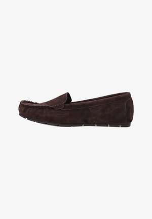 Men’s dark brown suede moccasin loafer with stitched detailing and segmented rubber sole, shown from the side on white background.