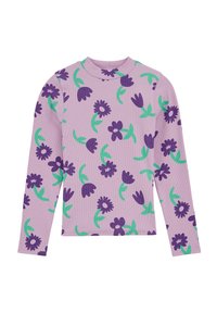 Top à manches longues de couleur violet clair avec des motifs floraux verts et violets. Texture côtelée et col rond.