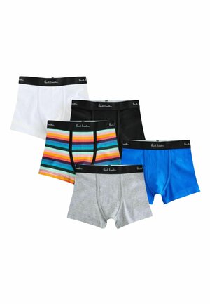 Fünf Paar Herren-Boxershorts in Weiß, Schwarz, Blau, Grau und mehrfarbigen Streifen, jeweils mit einem schwarzen Paul Smith Markenbund.