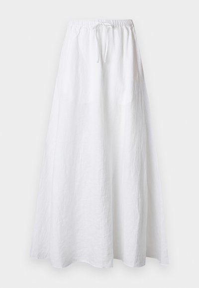 Μακριά λευκή λινή φούστα με ελαστική μέση και κορδόνι, ρέον σχέδιο και μήκος μέχρι τον αστράγαλο.