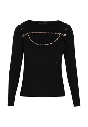 Black ribbed sweater with long sleeves, featuring a chain detail across the chest and gold-tone hardware on the shoulder. Textured fabric.