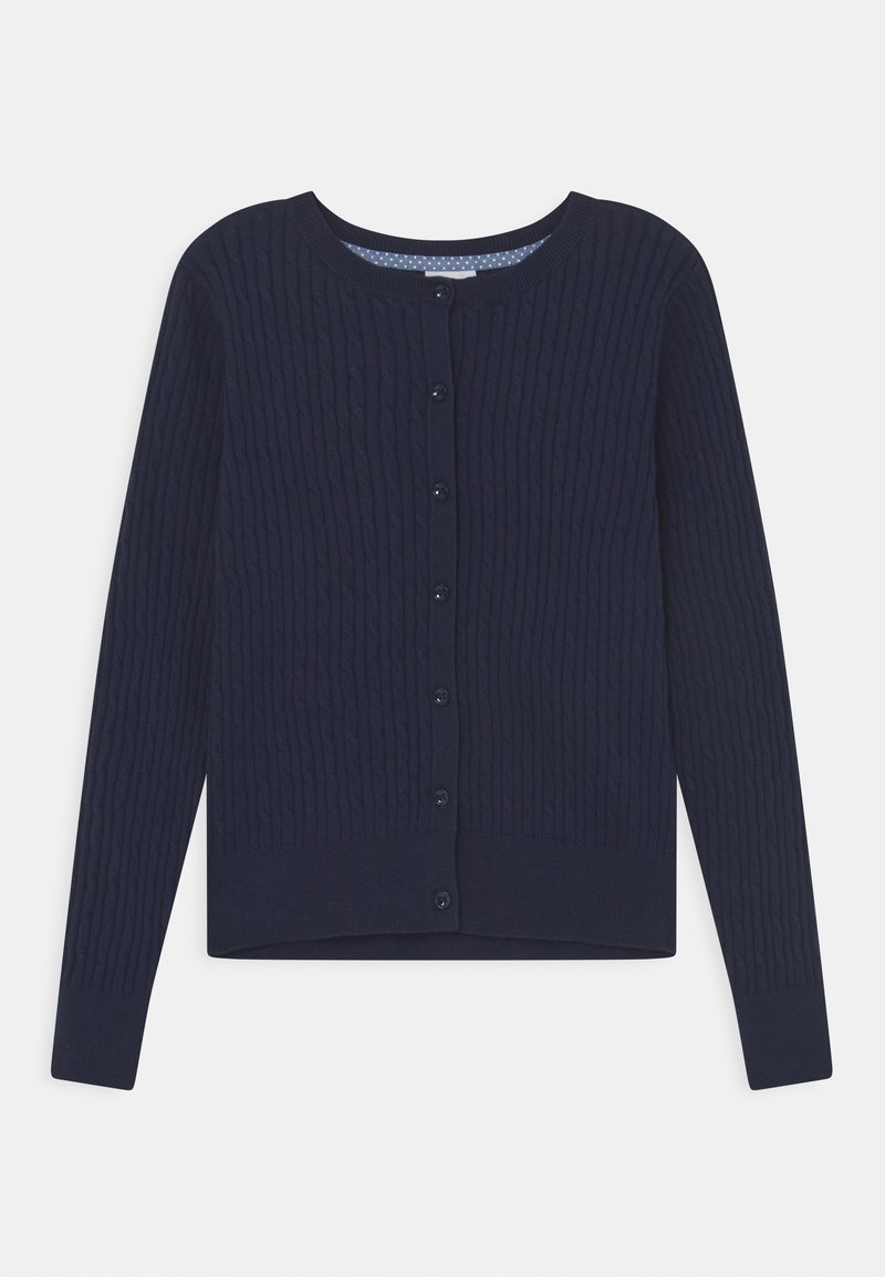 Cardigan bleu marine à manches longues avec boutons, en maille torsadée, col rond et poignets et ourlet côtelés.