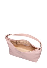 Borsa a tracolla in tessuto rosa con una superficie liscia, chiusura con zip e una sola tracolla. L'interno contiene una tasca ed è foderato di un colore chiaro.