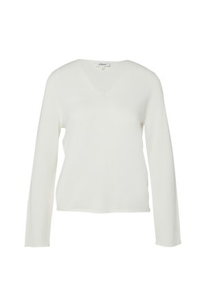 White long-sleeve V-neck sweater with a straight hem and plain design, displayed on a white background.