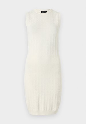 Sleeveless cream dress featuring a textured knit pattern, round neckline, and fitted silhouette, ending just above the knee.