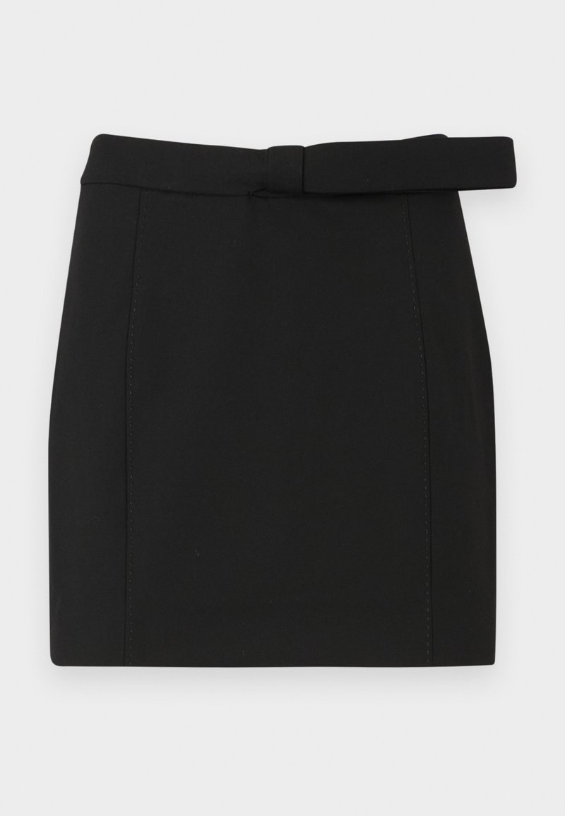 Black mini skirt made of smooth fabric, featuring a belt at the waist, straight cut, and clean seams without additional patterns or embellishments.