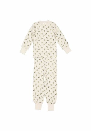 Børnecremefarvet pyjamasæt med lange ærmer med grønt pæreprint, ribstrikkede manchetter på ærmer og ben.