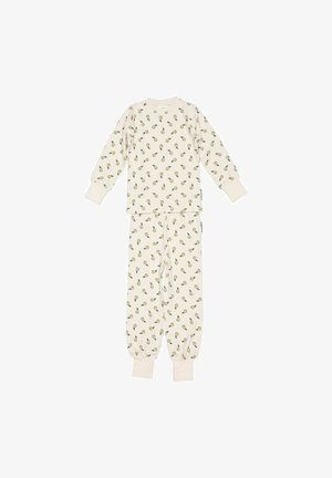 Børnecremefarvet pyjamasæt med lange ærmer med grønt pæreprint, ribstrikkede manchetter på ærmer og ben.