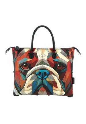 Grande borsa con design del volto di bulldog geometrico colorato, manici neri e chiusura con cerniera.
