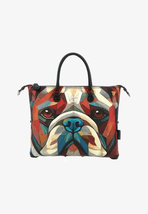 Grande borsa con design del volto di bulldog geometrico colorato, manici neri e chiusura con cerniera.