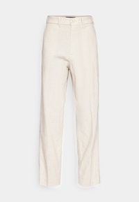 Beige linnedragt med lige ben, featuring en knap- og lynlåslukning, sidelommer og en struktureret overflade for et afslappet look.