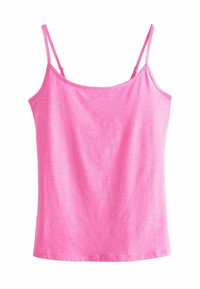 Débardeur rose sans manches en tissu léger, doté de fines bretelles, d'un col arrondi et d'une texture lisse.