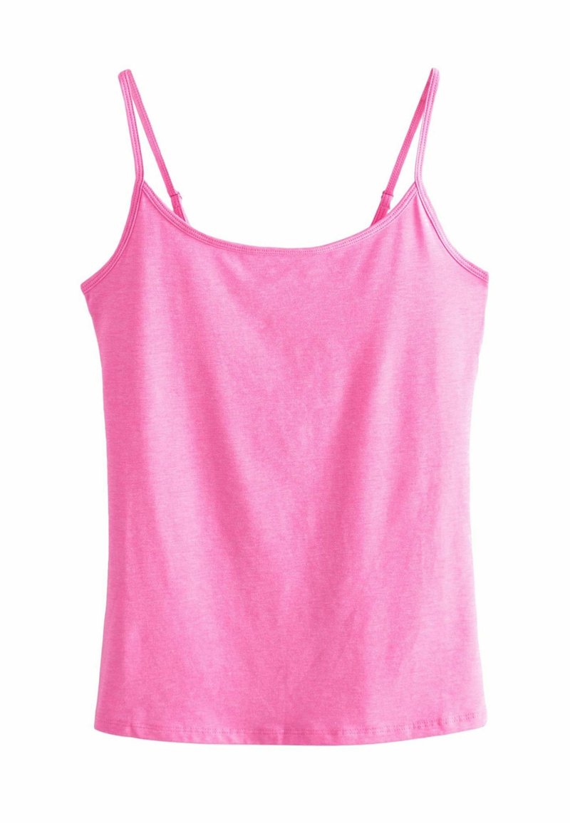 Débardeur rose sans manches en tissu léger, doté de fines bretelles, d'un col arrondi et d'une texture lisse.