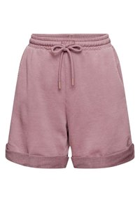 Shorts en coton mauve avec ceinture élastique, cordon de serrage, poches latérales et ourlets retroussés.