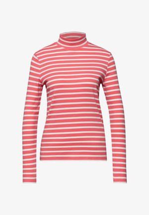 Langärmeliges Turtleneck-Shirt mit pink-weißen horizontalen Streifen und figurbetonter Passform vor einfarbigem Hintergrund.