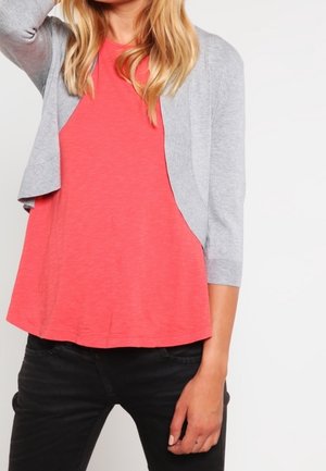 Vrouw draagt een koraalrode top, lichtgrijs cropped vest met driekwart mouwen en zwarte broek, staat met één arm omhoog.