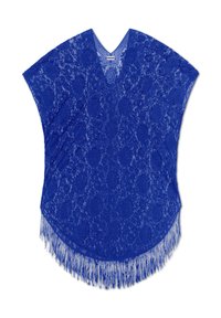 Poncho azul de encaje con escote en V y mangas cortas, con patrones florales y un dobladillo inferior con flecos, creando una silueta fluida.
