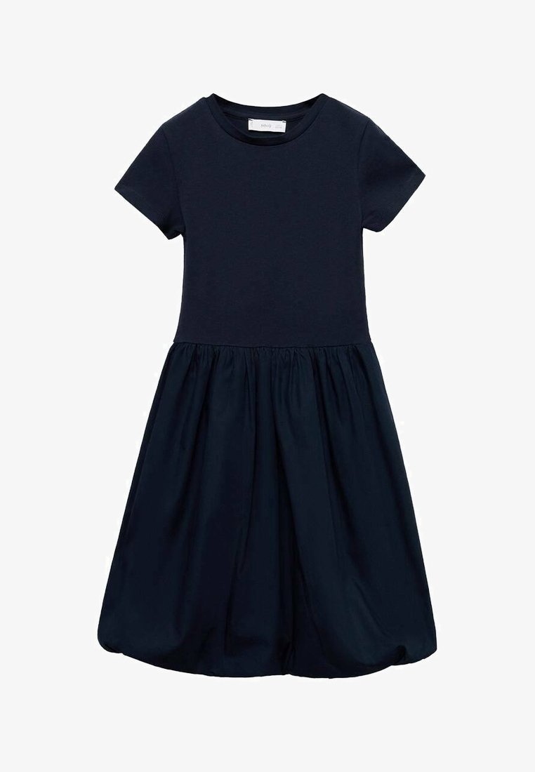 Robe bleu marine à manches courtes, longueur genou, avec un corsage ajusté et une jupe froncée évasée, présentée sur fond blanc.