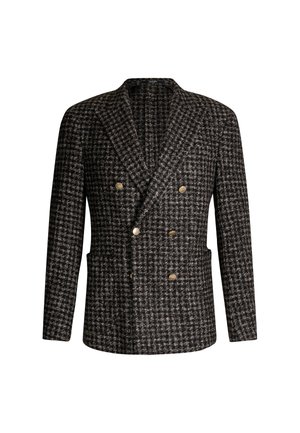 Blazer da uomo doppiopetto con motivo a scacchi nero e grigio e sei bottoni dorati sulla parte anteriore.