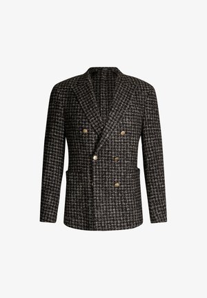 Doppelreiher Herrenblazer mit schwarz-grauem Hahnentrittmuster und sechs goldenen Knöpfen auf der Vorderseite.