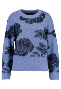 Svetle modrý svetr s nadýchanou texturou, zdobený tmavomodrými květinovými vzory. Klasický kulatý výstřih a dlouhé rukávy.