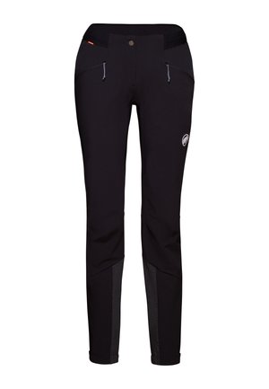 Black outdoor pants with a slim fit, elastic waistband, two front zip pockets, and textured panels at the lower legs for added durability.