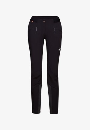 Czarne spodnie outdoorowe o slim fit, elastyczny pas, dwa przednie kieszenie z zamkiem błyskawicznym oraz teksturowe panele na dolnych nogawkach dla zwiększonej wytrzymałości.