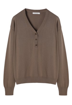 Hnedý dlhý rukáv s véčkovým výstrihom, tromi gombíkmi, rebrovanými manžetami a lemom, v pohodlnom strihu.