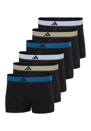 Seks par sorte herreboxershorts med forskellige farvede linninger i blå, beige og hvid, hver med et logo på den forreste linning.