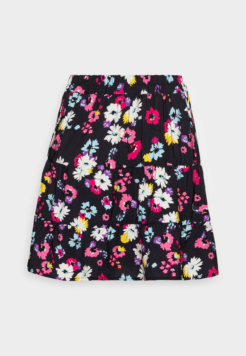 Blumige, gestufte Rock mit schwarzem Hintergrund, der mit rosa, weißen, gelben und blauen Blumen verziert ist. Elastischer Bund für eine anpassbare Passform.