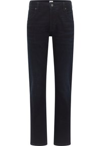 Jeans in denim blu scuro con un design a gamba dritta, stile a cinque tasche e chiusura con bottone in vita. Tessuto liscio e leggere sfumature.