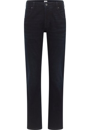 Mörkblå denimjeans med en rak bendesign, femficksstil och knappstängning vid midjan. Slät textur och subtil blekning.