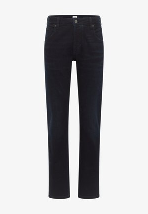 Dunkelblaue Jeans aus Denim mit geradem Bein, fünf Taschen und einem Knopfverschluss an der Taille. Glatte Textur und dezente Ausbleichungen.