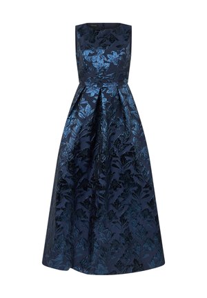 Vestido de noche sin mangas azul marino con un patrón de jacquard floral y corpiño ajustado que se abre en una falda larga hasta el suelo.
