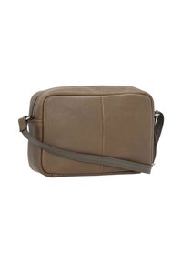 Borsa a tracolla in pelle marrone con forma rettangolare, texture liscia e chiusura con zip. Presenta una tracolla staccabile per un'uso versatile.