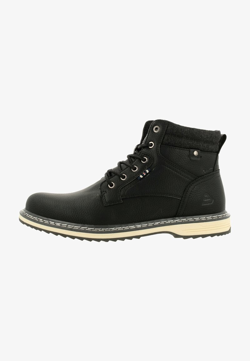 Botte noire en cuir jusqu'à la cheville avec col rembourré, fermeture à lacets sur le devant, coutures blanches et semelle en caoutchouc beige avec adhérence texturée.