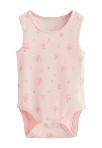 Hele-roosa beebikeha, varrukateta disainiga, millel on lillemuster. Pehme puuvillane kangas ja allosas nööpkinnitus, mis teeb riietamise lihtsaks.