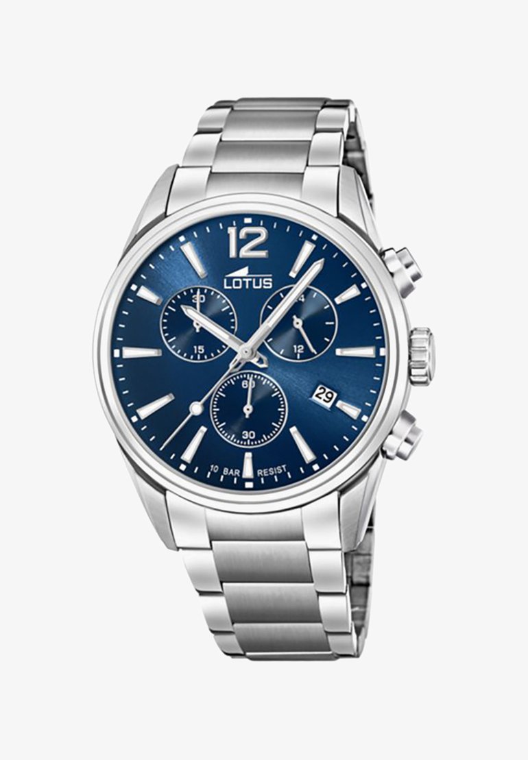 Silver stainless steel watch with a blue dial, marked with silver hour markers, chronograph sub-dials, and a date display window.