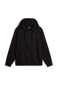 Schwarzer Kapuzenpullover mit Reißverschluss, Fronttaschen, verstellbarem Kordelzug an der Kapuze und dezentem "vans."-Logo auf der linken Brust.