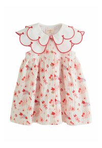 Gaiši rozā kleita ar sarkaniem ziedu rakstiem, ar lielu baltu krokojumu apkakli un priekšpusē aizpogājamu. Fakturēts audums, bez piedurknēm.