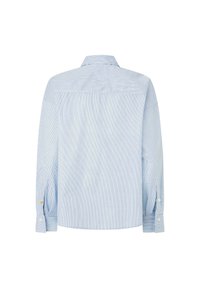 Hellblau gestreiftes Hemd mit langen Ärmeln, Knopfmanschetten und einem klassischen Kragen. Es hat eine glatte Stofftextur und einen abgerundeten Saum.