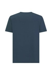 Maglietta in cotone blu navy con maniche corte, scollo rotondo e design semplice. Texture liscia senza loghi o motivi visibili.