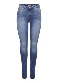 Jean skinny taille haute bleu avec fermeture boutonnée et zip devant, poches avant et arrière, et détails délavés sur les cuisses et les genoux.