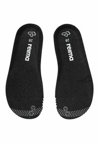 Schwarze Einlegesohlen mit weißem Logo, Größe 28. Verfügt über eine strukturierte Oberfläche und ein punktiertes Grip-Muster an der Ferse für besseren Halt.