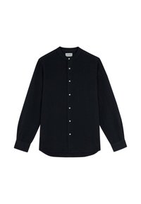 Camisa de botones en algodón azul marino oscuro. Cuenta con un cuello redondo, mangas largas y seis botones a juego en el frente. Textura suave.