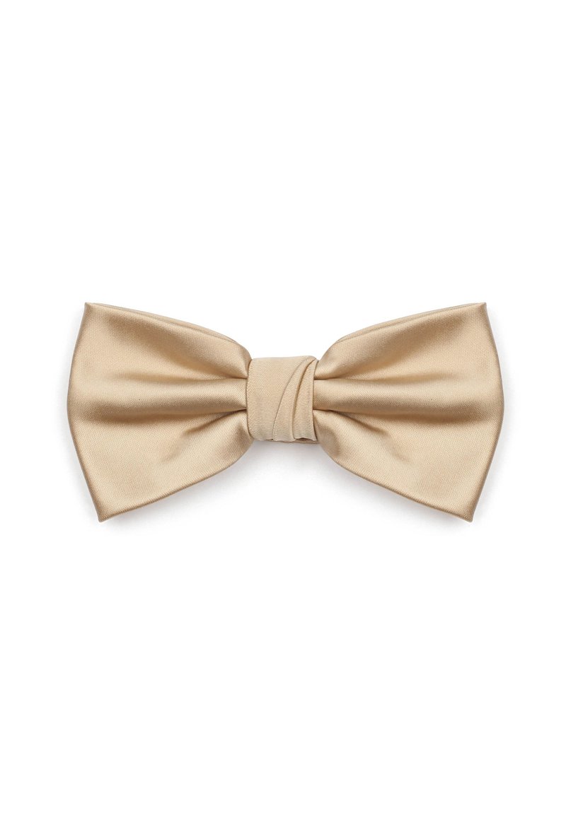 Beige satijnen vlinderdas met een gladde textuur en een centrale knoop. De strik heeft een klassieke vorm met puntige uiteinden, geschikt voor formele kleding.