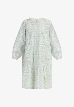 Világoskék, hosszú ujjú ruha virágmintával, ráncolt szintekkel és kerek nyakkivágással. Pamut anyagból készült.